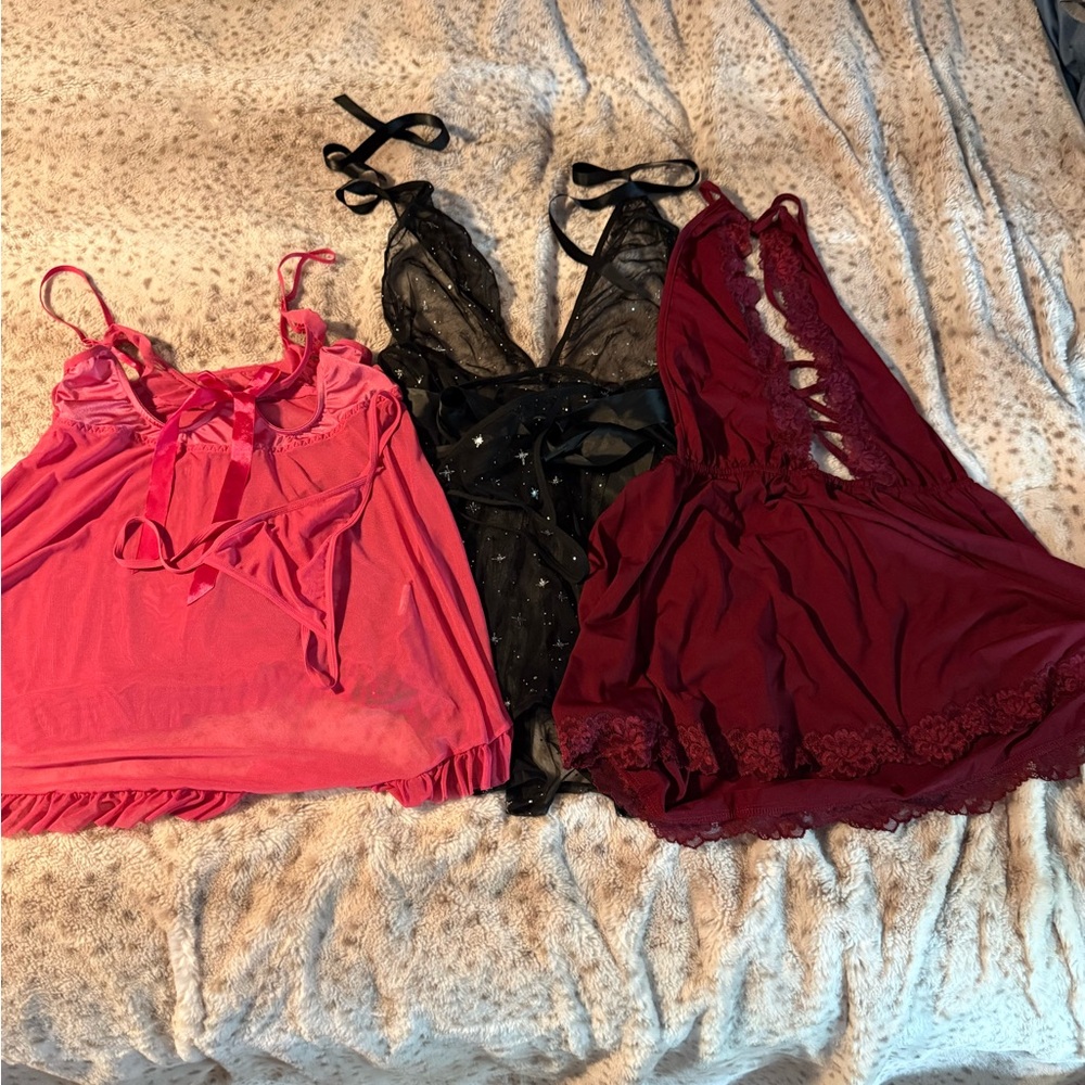 Set of Three Lingerie Pieces in Pink, Black, and Burgundy